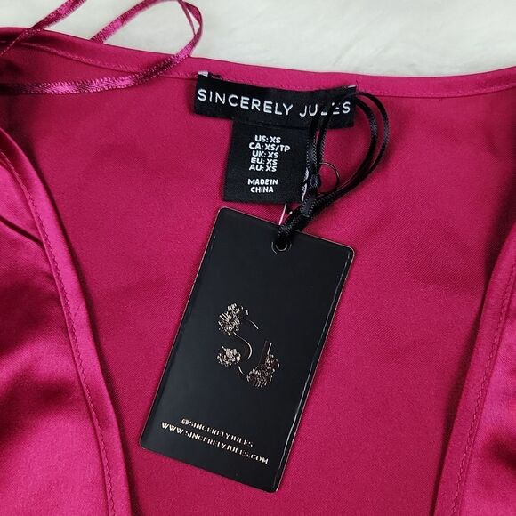 Sincerely Jules‎ -523 Faux Wrap Long Sleeve Fuchsia Hibiscus Top Blouse NWT XS - Picture 4 of 9